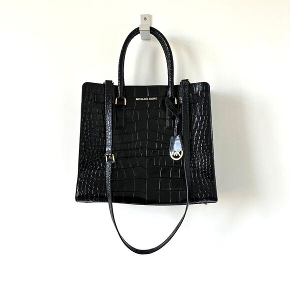 Michael Kors Black Croc Embossed Leather Dillon Tote Crossbody Shoulder Bag - Picture 15 of 15